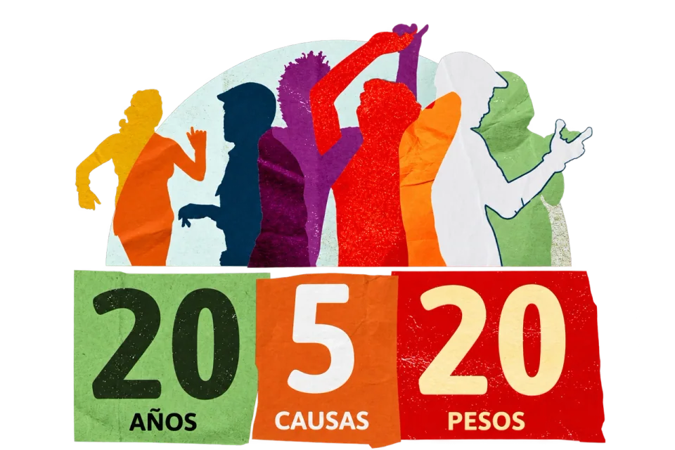 Arte de aniversario de Cambio en Clave: siluetas fotográficas de personas bailando en colores verde, naranja, rojo y violeta; 20 años, 5 causas, 20 pesos.